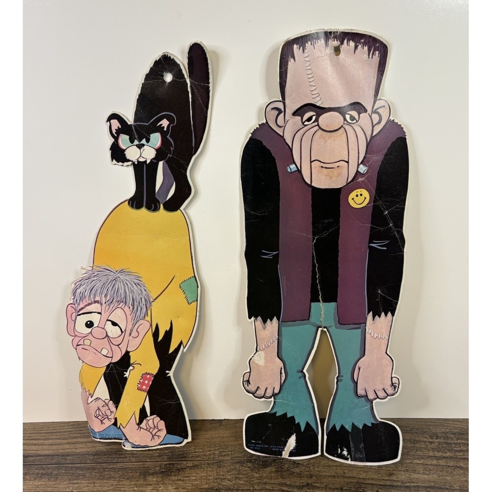 Vtg Frankenstein And Hunchback Man With Black Cat 16" Die Cuts Halloween Lurch